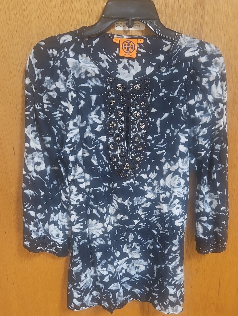 Tory Burch Navy and White Floral-Print Tunic with Embellished Placket